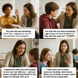 A bright, photorealistic four-panel editorial montage of a calm middle-school teacher enacting four student moments—public attention-seeking, a private redirection, a withdrawn learner, and a calm reset after norm-breaking. Each panel features a clean white overlay with copy-paste ready micro-scripts, set in a warm, naturally lit modern classroom with diverse students, shallow depth of field, and high-resolution editorial polish for an article header image.
