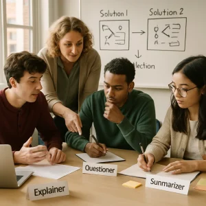 Photorealistic editorial image of a diverse group of four students clustered around a table under warm natural light, each wearing visible role cards — Explainer gestures toward a paper, Questioner leans in with a pen, Summarizer writes bullet-point notes, and a peer adds feedback on sticky notes — while a teacher leans in as a supportive scaffold. Laptops, notebooks, colored sticky notes and a whiteboard behind them showing two side-by-side solution approaches with arrows and brief annotations convey active dialogue, reflective comparison, and candid engagement; shallow depth of field and high-resolution detail make it ideal for an article on collaborative problem-solving and classroom scaffolding.