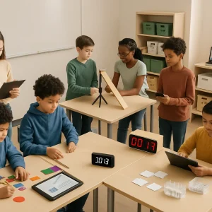 Photorealistic classroom scene showing four parallel group stations—fraction manipulatives, a motion ramp filmed on a smartphone tripod, an angled motion experiment, and a data-card lab kit—each group of four students quietly fulfilling defined roles: a leader checking a plan on a clipboard, a materials manager passing manipulatives, a recorder sketching and graphing on a tablet, and a reporter poised with a device to present. A visible timer marks timed runs, a shelf holds boxed take‑home kits and a laptop runs a silent virtual simulation; natural light and diverse students give the clean editorial composition a calm, purposeful atmosphere.