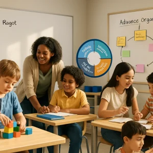 Photorealistic editorial image of a modern, sunlit classroom where a diverse teacher guides mixed-age students at distinct learning stations. Visible scenes include a young child manipulating blocks and an older student solving abstract problems on a whiteboard (Piaget: concrete → formal operations), a teacher-leaning small group receiving scaffolded support (Vygotsky: Zone of Proximal Development), a circular Kolb-cycle display with students doing experiments, reflecting, conceptualizing and testing, and an advance-organizer concept map with prior-knowledge nodes linked to new topics (Ausubel); warm daylight, natural expressions, shallow depth of field, high resolution and realistic classroom textures create a clear, article-header-ready composition.