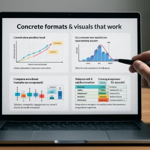 Photorealistic 16:9 shot of a modern workspace showing a large laptop/tablet screen titled 'Concrete formats & visuals that work' divided into four clear panels: a student growth trajectory with milestones and 'Next steps' notes; a class histogram with density curve, mean and SD markers; compact box plots comparing groups; and a split view with a learning‑progression checklist (Not yet / Getting there / Confident) alongside an item‑analysis table (Question, % correct, common misconceptions, instructional implication). A hand points with a pen at one panel; eyeglasses and a coffee cup give scale. Clean sans‑serif labels, colorblind‑friendly palette, subtle reflections and soft studio lighting create a crisp, professional header image.