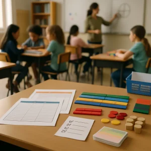 A close-up of a teacher’s desk bathed in warm classroom light: printed lesson templates sit softly blurred, color-coded timeline blocks and a short checklist with checked boxes, a small stack of subtly graded rubric cards, and neatly arranged fraction manipulatives—tiles, counters and wooden cubes—ready for hands-on work. The shallow depth of field keeps these tactile tools crisp while the background dissolves into diverse elementary students working in small groups and a teacher modeling a simple fraction diagram at the whiteboard. Colored sticky dots mark group tables, an exit-ticket tray holds blank index cards, and inviting negative space leaves room for article layout, conveying a calm, purposeful moment of learning.