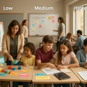Photorealistic editorial image of a modern classroom segmented into three adjacent learning zones: Left (Low) — teacher modeling a concrete hands‑on lesson with young students using blocks, measuring cups, colorful visual cue cards and large worked‑example posters; Middle (Medium) — mixed‑age students in small groups doing guided practice while the teacher circulates, with a collaborative whiteboard, sticky notes and fading sentence‑starters leading to open questions; Right (High) — older students working independently on challenging, open‑ended tasks with laptops, notebooks and a metacognitive reflection journal, minimal teacher presence and signs of transfer to real‑world projects. Warm natural light, shallow depth of field, diverse students and teacher, high detail and clean composition suitable for an article illustration.