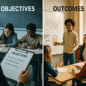 Photorealistic split-classroom editorial: left — cool, desaturated, teacher-focused 'Objectives' scene with a clipboard/worksheet checklist (item: 'complete worksheet'), students hunched over papers, flat lighting and muted tones; right — warm, vibrant 'Outcomes' scene where a diverse student confidently presents a real-world solution on a whiteboard (scale map and recipe props visible), peers engaged and discussing while the teacher listens, bathed in natural window light and shallow depth of field with a cinematic 50mm look. High-detail, natural skin tones, balanced magazine-ready composition contrasting checklist-driven objectives with student-centered learning outcomes.