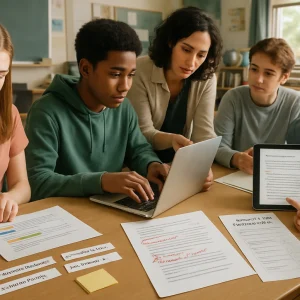 Photorealistic wide horizontal classroom scene showing a competency progression for writing a persuasive essay: left, a student studies printed model paragraphs with claim/reason/evidence highlighted, reorderable sentence strips and sticky notes; center, a student composes a short controlled-practice paragraph on a laptop while a teacher provides feedback and a printed page bears red-pen comments on claim clarity and evidence relevance; right, a small peer-review group compares a full draft with counter-argument notes and a conclusion on a tablet, alongside transfer examples—a mock open letter to a school board and a blog post on a smartphone—and an assessment rubric sheet with visible criteria labeled coherence, argument quality, audience awareness and checkboxes; diverse students and teacher, warm natural classroom lighting, shallow depth of field, high-resolution detail (paper texture, legible handwriting and typed text), cinematic composition suitable for an article header.