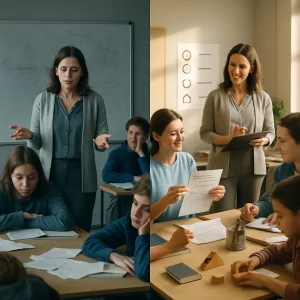Photorealistic split-scene contrasts a chaotic, underlit lesson—uncertain teacher, blank-faced students and scattered materials—against a warm, orderly correction where the same teacher leads engaged small groups, students explain to each other, one holds a short bulleted list (no readable text), another does a hands-on task, and a clean icon-based success poster plus the teacher’s observational notes complete the scene; cinematic 35mm perspective, shallow depth of field, realistic textures.