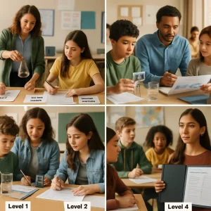 Editorial photoreal image showing a left-to-right classroom progression of inquiry: Level 1 — a teacher demonstrates while students label worksheets and sort variable vs. control cards; Level 2 — small groups follow laminated checklists, take measurements with rulers and digital thermometers and keep visible lab notes; Level 3 — groups analyze printed graphs and write short lab reports while a teacher facilitates peer review; Level 4 — an independent student presents a follow-up experiment with a portfolio binder and visible presentation rubric as classmates listen. Diverse students and teacher, realistic science props, warm natural light, shallow depth of field and crisp documentary composition — ideal for an article about running fair experiments and interpreting results.