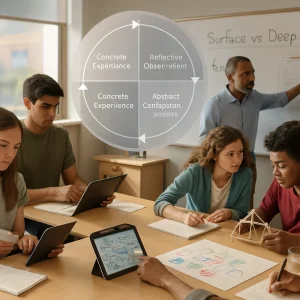 Photorealistic editorial scene split left-to-right: the left shows surface processing—small group using flashcards and linear checklists, a student staring at memorized facts on a tablet with muted posture; the right shows deep, holistic learning—students co-creating a concept map on paper and tablet, explaining and debating, one writing a reflective sentence, another applying a principle to a small prototype (mini bridge/water filter/case file) and testing it. A teacher stands center at a whiteboard modeling an abstract definition, linking prior knowledge to a worked example while a faded scaffolded worksheet sits nearby. A subtle semi-transparent circular infographic at top-center overlays Kolb’s loop (Concrete Experience → Reflective Observation → Abstract Conceptualization → Active Experimentation), visually integrating with the scene. Warm natural light, shallow depth of field, crisp lifelike textures and high resolution create a balanced composition ideal for an article header.