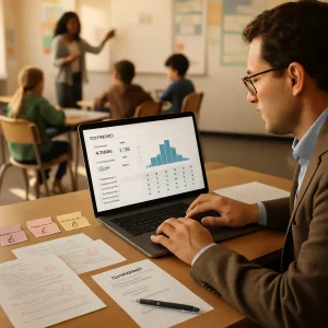 Photorealistic editorial scene of a teacher at a classroom desk actively translating assessment data into instruction. On the laptop screen a clean gradebook dashboard displays a histogram, mean and standard deviation values and item-by-item analysis; nearby lie printed quizzes scored in red with handwritten comments, sticky notes labeled “Group A / B / C,” an “action plan” one‑pager with bullet steps and a pen, and an exit ticket with a student confidence self‑rating. Warm morning light and a shallow depth of field keep the foreground crisp while a small, diverse group of students and a second teacher collaborate at a softly blurred whiteboard behind, surrounded by classroom posters and charts. High‑resolution, realistic textures and a calm professional tone make the image ideal for an article about turning assessment data into actionable teaching strategies.