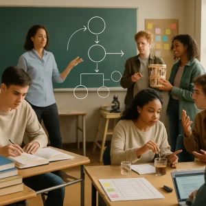 Wide-angle photorealistic classroom captured in warm natural light: left a solitary student studies stacked textbooks and highlighted notes; center a teacher gestures to a translucent, text-free flow-diagram overlay linking the books to activities; right, diverse learners actively demonstrate outcomes — a team presents a prototype, a student runs a small lab experiment amid glassware, another delivers an evidence-based oral argument, and one assembles a digital portfolio on a laptop. Tangible artifacts (project prototypes, a rubric-like checkbox sheet, a sticky-note planning wall and a small scaffold/step-ladder) punctuate the shallow depth-of-field candid scene, with realistic textures and a composition that visually implies movement from content-as-inputs to competency-as-outputs.