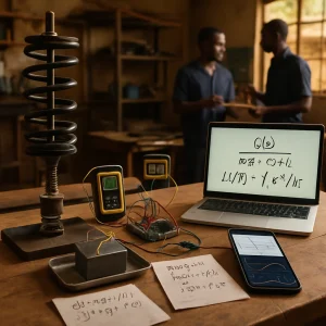 Photorealistic editorial scene in a resource-constrained African vocational workshop: a wooden workbench holds a simple quarter-car spring–mass–damper rig built from a reclaimed car spring, a hanging mass and a homemade dashpot; a metal block cools on a tray with a thermocouple and digital thermometer; an Arduino with wiring sits beside a smartphone showing time-series plots and a step response and a laptop displaying G(s)=1/(m s^2 + c s + k) with Laplace expressions. Scattered notebook pages show handwritten ODEs (dy/dt + a y = f(t); m d^2y/dt^2 + c dy/dt + k y = F(t)) and the Laplace integral L{f(t)}=∫_0^∞ e^{-s t} f(t) dt; two students/technicians confer in the warmly lit background. Shallow depth of field and high documentary detail emphasize hands-on learning, creative problem-solving and low-resource engineering ingenuity.