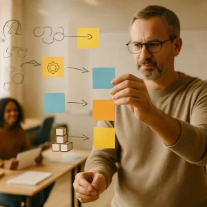 A mid-career educator arranges colorful sticky notes and index cards on a transparent glass board, drawing ideas from a loose cloud of abstract sketches into an ordered sequence of stacked wooden blocks and neatly aligned cards on the table. Marker-drawn arrows and icons (magnifying glass, gear, checkmark) connect concepts while two students collaborate in the sunlit background with mini whiteboards and a laptop; candid, documentary-style photography with shallow depth of field and soft cinematic light highlights the tactile process of turning theory into an actionable lesson plan.