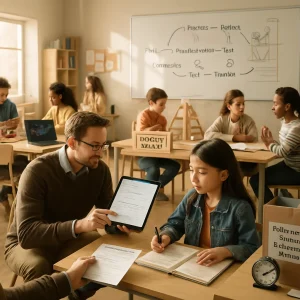 Warm, cinematic wide-angle of a modern learning lab that visualizes the pathway from discrete skills to integrated competence: in the foreground a teacher kneels beside a student, modeling a step-by-step worked example on a tablet and handing back a checklist annotated with feedback; midground groups of diverse students work at stations doing hands-on labs and computer simulations (one laptop shows an interactive sim), another group builds an authentic project labeled 'project-based task', and a practice station sports a small sign reading 'micro-task — 10 min'; a student writes in a reflective journal while peers debrief aloud; the whiteboard behind them maps 'Model → Practice → Reflect → Conceptualize → Test → Transfer' with Kolb-cycle icons and a subtle scaffold being faded away behind a learner; nearby shelves hold portfolios and folders labeled 'Performance Tasks / Portfolios / Rubrics', clipboards with formative checklists and a timer — natural colors, warm light, shallow depth of field, high photographic detail in a 35mm perspective, capturing collaborative body language and the shift from guided steps to independent competence.