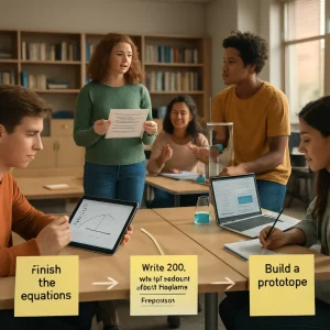 Photorealistic editorial image of a modern classroom/workspace where four active stations visually transform routine tasks into meaningful outcomes: a 'Finish five equations' sticky note morphs into a student sketching projectile motion and solving a quadratic on a tablet; a 'Write 200‑word paragraph about summer' note becomes a student presenting a persuasive paragraph with highlighted linking phrases to engaged peers; a 'Complete the lab worksheet' prompt evolves into a controlled experiment with data logged on a laptop and charts analyzed; and a 'Build a prototype' card transitions to a student testing a functional prototype with a user and taking iteration notes. Subtle arrows and motion blur indicate transformation, diverse students collaborate under warm natural light, and shallow depth of field with high-detail, editorial photorealism underscores the theme of turning objectives into outcomes.