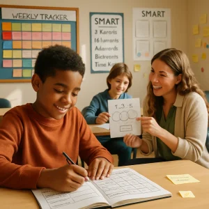 A warm, photorealistic scene of a supportive middle‑school classroom where a diverse student in the foreground writes in a visible learning journal/tracker (columns for date, goal, task, time, what worked, what to change, confidence 1–5) and ticks a short checklist; midground a teacher kneels beside another student, modeling a simple 3‑point rubric and discussing a SMART goal, both engaged and smiling; background shows a colorful weekly tracker chart, a SMART goals poster, exemplars labeled must/should/could, sticky notes with short action steps and tiny celebration stickers. Natural daylight, shallow depth of field and candid documentary composition create high resolution, warm inviting tones that convey psychological safety, focus, and constructive feedback.