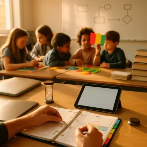 Cinematic morning classroom: a teacher’s hands annotate a binder with colorful tabs beside a sand timer and closed laptop while diverse students use manipulatives and peer tutors rotate roles; colored response cards rise in a quick diagnostic as a clean whiteboard, stacked theory books, and spare activity cards sit ready in the warm, shallow-focus scene, conveying hands-on scaffolding and practical formative checks.
