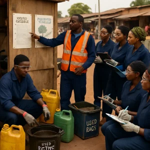 In a sunlit, low-resource African street workshop an instructor in clean overalls and a reflective vest guides a diverse group of trainees through a laminated safety checklist and a hand-drawn environmental stewardship poster. Trainees in basic PPE take notes as a mechanic demonstrates safe oil handling with a drain pan and sealed jerry cans while marked bins collect batteries and rag waste; a repaired motorcycle and small sedan in the scene emphasize everyday community impact — a candid, documentary image of professionalism, accountability and practical engineering ethics.