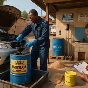 A photorealistic, eye-level wide-angle view of a small sub-Saharan automotive workshop where low-cost, practical environmental stewardship is practiced: a gloved mechanic in goggles and oil-resistant overalls drains used engine oil into a labeled 200 L "Used engine oil — hazardous waste" drum sitting on a pallet inside a shallow concrete bund lined with heavy polyethylene; an engine filter drains on a gravity rack over a collection tray while sealed drums labeled "Coolant" and "Solvents", upright lead-acid batteries on an impermeable surface under cover, metal bins with lids for oily rags, piles of sawdust absorbent and a small spill kit show organized containment. In the wash area visible oil/water separators, clear bilingual signage and a trainee filling a clipboard waste log, plus a cooperative collection truck in the background, convey a clean but worked-in, resource-conscious workshop bathed in warm daylight with realistic textures and natural shadows.