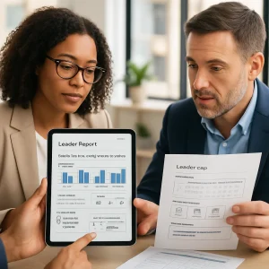 Photorealistic editorial-style scene of a school leader and teacher in a bright modern office, leaning over a tablet and printed report pages; visible report elements include a headline noting Math overall growth this term +6 points, charts (class mean, SD, % below threshold, % above target), a brief interpretation flagging high SD, an action checklist for small groups and targeted tasks, an evidence-collection timeline/calendar, resource-ask icons for time, staffing, PD and materials, and a close-up inset of an anonymized lesson-level learning progression and one-item analysis; diverse professionals in professional attire, warm natural light, shallow depth of field, high resolution.
