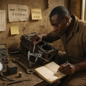 A photorealistic wide-shot of a small, resource-constrained African automotive workshop: a technician in worn coveralls kneels by an engine, measuring a cylinder bore with a vernier caliper and scribbling numbers into a stained notebook. A multimeter and analog pressure gauge sit on the bench beside a simple reference battery and a small calibration weight; a handwritten sheet reads "mean = 79.94 mm ± 0.013 mm" and a sticky note shows a Bayes result "P(Fault|+) ≈ 0.5". A rough paper control chart with plotted points is pinned to the wall among scuffed tools and improvised jigs. Warm natural light from an open door, shallow depth of field, and high-detail textures convey a quiet, meticulous practice; generous negative space on the right leaves room for a headline.