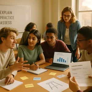 Warm photorealistic editorial image of a modern classroom bathed in natural light, showing several small diverse student groups (ages 12–18/college-age) actively collaborating: a pair leaning in as one explains with expressive hand gestures while the other takes notes; a trio clustered around a laptop displaying a classroom poll app; another group sketching a three‑leg stool on paper to discuss transfer. Students hold a simple rubric and a printed sheet titled Sentence stems: I like / I wonder / I suggest; sticky notes with quick reflections dot the table and role cards (Explainer, Questioner, Recorder) are visible. A teacher circulates nearby offering supportive guidance; candid, engaged faces and a shallow depth of field keep hands, papers, and devices in crisp detail against a soft out-of-focus background with a poster reading Explain • Practice • Assess and a small blank space in the top-left reserved for an article title. High-resolution realistic textures and natural colors.