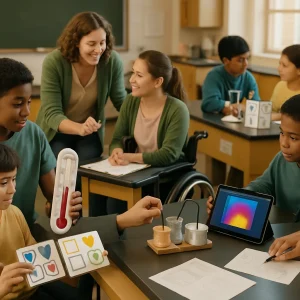 Photorealistic classroom science lab showing diverse middle/high school students and a teacher collaborating around lab tables. A student in a wheelchair works comfortably at a lowered bench while a pair of struggling learners use color-coded pictogram cue cards and oversized thermometers with two visible readings; a peer tutor records observations on a clipboard and gestures supportively. Nearby, advanced learners test two small insulation prototypes using a digital probe plugged into a tablet that displays a false-color thermal image and simple line graphs as one student sketches comparative charts with illegible marks. A language-learner station displays picture-based vocabulary cards and a corner tablet plays a close-up video demo for students unable to handle equipment. Natural warm lighting, candid interactions, realistic props, and shallow depth of field emphasize collaborative, differentiated, and accessible instruction with no visible text or labels.