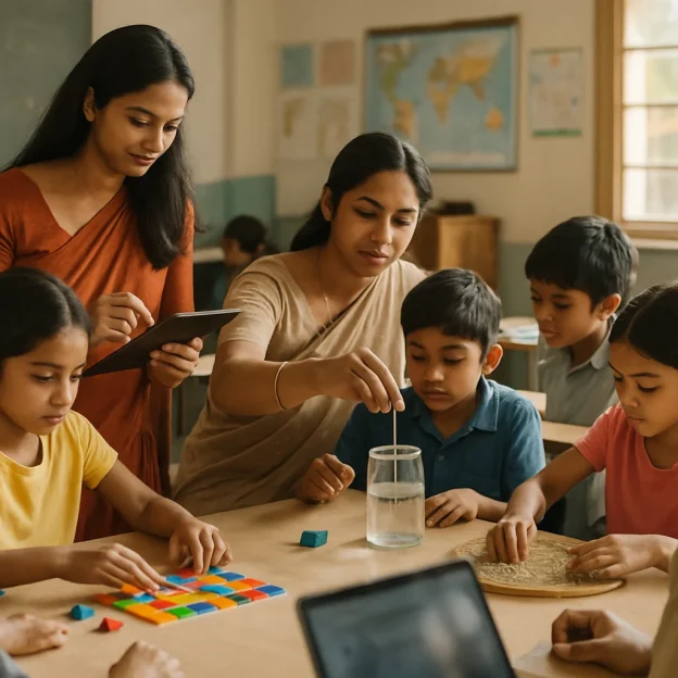 Documentary-style photoreal image of an Indian primary classroom where teachers and mixed-age students gather around a table for hands-on learning—math manipulatives, a small science experiment and a traditional craft rooted in local knowledge. One teacher demonstrates while another takes notes on a tablet; a laptop with a blurred screen sits nearby. Warm natural daylight, student work and maps on the walls, modest modern classroom details and a shallow depth of field convey an intimate, inclusive, learner-centered moment.