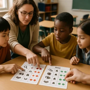 Photorealistic scene shot from a slightly elevated 45° angle in soft window light with shallow depth of field: a teacher and three diverse students lean over a wooden table examining two laminated rubric cards placed side-by-side (pre and post). Each card shows five pictogram rows—magnifying glass+book (evidence), brain with linked arrows (reasoning), two silhouettes (perspective-taking), overlapping speech bubbles (communication), joined hands (collaboration)—with three color‑coded scoring columns of filled dots; the left card displays mostly single red/orange dots while the right shows mostly double or triple green dots to indicate improvement. Three different hands (teacher, peer, student) are placing small colored sticker dots on the cards; realistic materials (laminate, stickers, wood) and skin tones are rendered, capturing a candid collaborative moment with no written words or labels.
