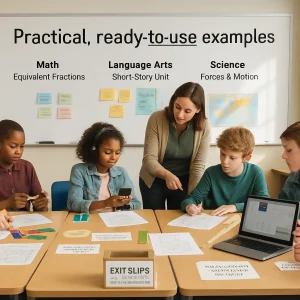 Editorial-style horizontal photo of a modern classroom organized into three active learning stations labeled Math — Equivalent Fractions, Language Arts — Short Story Unit, and Science — Forces & Motion. Diverse student groups collaborate with colorful fraction strips and tiered Bronze/Silver/Gold cards at the left station, annotate printed stories and record a short podcast in the center, and run a ramp experiment with a low-friction cart, stacked masses, stopwatch and laptop plotting data at the right; a teacher circulates and advises in warm window light, a whiteboard header reads "Practical, ready-to-use examples," and an exit-slip box in the foreground shows a handwritten slip reading "One thing I learned + one question I still have." Photorealistic, editorial documentary style, shallow depth of field, clean composition suitable for an article header.