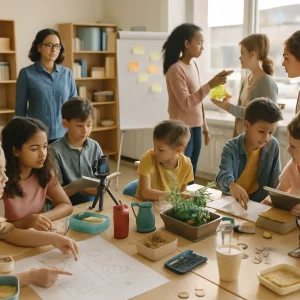 A warm, sunlit modern classroom captured in a candid documentary wide‑angle: four small, diverse student groups engaged in short project‑based tasks while a teacher circulates. One table is scattered with lunch containers, drink cups, a calculator, coins and an A4 poster covered in illegible cost sketches; another cluster leans over a micro‑garden with potted plants, a wilting leaf, magnifying glass and watering can as a student points and takes notes on a clipboard; a trio rehearses a one‑minute local news clip with a smartphone on a small tripod and a reader with a notebook; a fourth group arranges sticky notes on a flipchart while a peer presents. Shallow depth of field keeps hands and materials crisply detailed, natural daylight and warm tones highlight expressive, focused collaboration—no readable text, labels or logos visible.