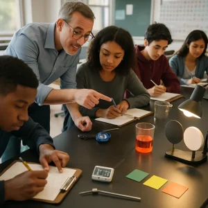 A candid, high-detail documentary shot of a high-school science formative assessment: a teacher leans over a diverse group of students recording observations on clipboards while using thermometers and stopwatches. In the foreground a student writes numeric measurements beside a digital thermometer and a metal rod heated at one end; midground shows a convection demo with warm water and dye and a lamp shining on side-by-side black and white discs to illustrate emissivity, and another station has a beaker on a hot plate with a student noting temperature changes. The teacher gestures to prompt thinking; three small colored cards (green,yellow,red) on the table imply a simple rubric. Natural daylight, shallow depth of field, realistic materials and engaged expressions.