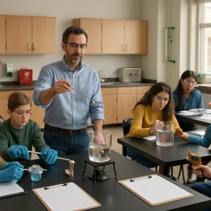 Photorealistic wide-angle classroom scene during an active science lesson on energy transfer. A teacher in safety goggles demonstrates conduction by holding a metal rod into a hot beaker while small paperclips and a melting wax bead travel along the rod; three student groups at separate lab stations explore different modes of heat transfer—one compares ice on metal rods and wooden dowels using thermometers and insulated gloves, one observes convection as a food-dye plume rises from a heated area in a clear water container while a student records temperature, and one tests black and white paper squares under an infrared heat lamp with an infrared thermometer and cardboard shields. Students wear goggles and gloves, clipboards and blank data sheets rest on benches, safety equipment and a first-aid kit are visible in the background, natural classroom light illuminates realistic materials and engaged expressions; no text or labels.