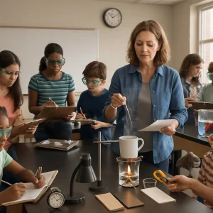 Wide-angle photorealistic scene of a bustling middle-school science classroom during a timed heat-transfer lesson. A teacher demonstrates with a steaming mug, a metal spoon and a metal rod over a beaker melting wax while diverse small groups in goggles rotate through three hands-on stations: ice cubes on metal vs wood strips showing conduction, a clear tank with hot and cold water and colored dye revealing convection currents, and a lamp shining on black and white squares with a student measuring surface temperatures with an IR probe to illustrate radiation. Students jot on clipboards as the teacher circulates with a checklist; a wall clock and tabletop stopwatch underscore minute-by-minute pacing in bright natural light, captured in documentary-style photorealism.