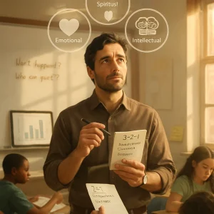Photorealistic editorial scene of a thoughtful teacher pausing in a warm, sunlit classroom, holding a small open notebook titled "3-2-1" with three short handwritten lines ("3 things went well / 2 to adjust / 1 experiment"), pen suspended and a subtle, introspective expression. Above the teacher's head a translucent three-part halo visualizes the framework — a heart for Emotional (relationships, climate), a compass/flame for Spiritual (values & purpose), and a brain-with-book for Intellectual (knowledge, pedagogy) — all linked by a thin circular ring to suggest "holding it in your head." In the shallow-depth foreground, diverse students work in small groups, some handing in exit tickets and one completing a short quiz on a clipboard; the teacher's desk holds a tablet displaying a clear bar chart with a labeled mean and small SD annotation and sticky-note observations on a whiteboard reading "What happened? Who was quiet?" Natural window light, cinematic composition, realistic textures and skin tones, editorial-ready for an article illustration.