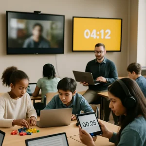 Photorealistic editorial image of a modern blended classroom: a teacher with a laptop facilitates while a wall-mounted screen shows a blurred video thumbnail and a second display presents a bright solid-color slide signaling the next activity with a visible digital countdown timer. Small groups of diverse students cluster at desks using laptops and tablets — one arranging physical manipulatives, another wearing headphones and checking a tablet as timekeeper, a student leaning over a laptop with a collaborative document rendered as indistinct shapes. Natural daylight, candid documentary composition, shallow depth of field, high detail and a neutral color palette, no text or labels.