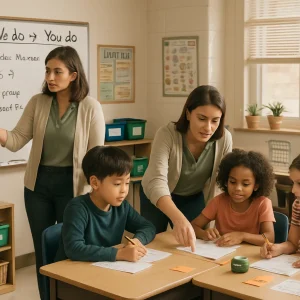 Photorealistic editorial image of a modern elementary classroom presented as three connected vignettes: left—teacher models a step-by-step math procedure at the whiteboard with a visible heading 'I do → We do → You do' and thinking-aloud steps; center—small-group guided practice with the teacher gently pointing and correcting, students engaged; right—independent fluency practice with timed drills, small digital timers and flashcards, one student receiving immediate specific feedback on a worksheet, a sticker chart and a small 'mastery' certificate on a desk. Warm natural daylight, soft shadows, diverse 8–10-year-old students, shallow depth of field with crisp focus on teacher–student interactions and realistic classroom details for a friendly, professional editorial tone.
