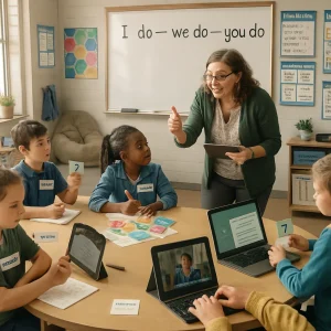 A photorealistic, documentary-style snapshot of an upper-elementary/middle-school classroom mid-lesson: a teacher models a think-aloud at the front beside a whiteboard labeled I do — we do — you do, with visible sentence-starter charts and a large colorful graphic organizer on the teacher's table. Small groups at round tables wear role badges (recorder, explainer, checker) and mixed-ability pairs collaborate, choosing different response modes—one sketching, one recording an oral explanation on a tablet, one typing. A tablet plays a captioned video while another device shows speech-to-text; students hold thumbs-up/thumbs-down cards and small exit tickets as a visible timer counts down a focused learning chunk. Posters teach collaboration skills and sentence frames; a calm-down corner with a beanbag, headphones, fidgets and a visual schedule sits nearby. Assistive tech cues, large-print/high-contrast materials and a pinned progress/IEP chart with next steps are clear as the teacher leans in giving specific praise and takes formative notes on a tablet. Natural window light, candid composition and shallow depth of field create richly detailed, intimate realism.