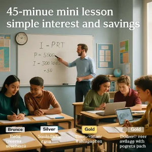 Photorealistic classroom scene during a 45‑minute mini‑lesson on simple interest: a teacher models I = PRT on the whiteboard with a worked example P = $500 while a wall clock marks the lesson in progress. Three clearly labeled student groups—Bronze (guided worksheets), Silver (calculating totals and sketching a savings graph), and Gold (designing a 2‑year savings plan and preparing a 1‑minute pitch)—collaborate; one pair exchanges a peer‑check paper and another student fills an exit slip. Warm daylight, shallow depth of field and crisp textures (paper, markers, laptops, posters) give a cinematic yet natural look; calm modern decor and intentional negative space in the upper left leave room for an article headline overlay.