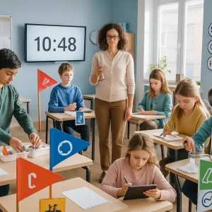 Wide-angle photorealistic view of a bright, modern middle-school classroom organized into four color-flagged learning islands with icon-only station signs. Students calmly fulfill roles: a Materials Manager arranging supply trays, a Timekeeper monitoring a visible 10–12-minute countdown on a large screen and a handheld timer, a Recorder writing on a clipboard, and a Lead Experimenter conducting a STEM task while teammates wear safety goggles. A teacher stands centrally holding a small chime, guiding a practiced, prompt transition as students move; one student photographs work with a tablet while others document on paper. Safety-hazard and PPE icons are posted at relevant stations; universal noise-level icons (finger-to-lips whisper, medium-volume speech bubble, presentation icon) convey expected sound. Natural daylight, diverse students and teacher, calm focused atmosphere, sharp photorealistic detail, no readable text or labels.