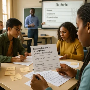 Photorealistic, candid scene of a modern, diverse classroom where a teacher models constructive feedback on a projected rubric labeled Focus, Evidence, Organization, Mechanics with checkboxes. Students sit in small groups exchanging printed feedback sheets and sticky notes (visible notes read: be kind, be specific, be helpful); a close-up shows a student's self-evaluation card with prompts 'I can explain this to a classmate: Yes / No - If No: what's missing?' plus lines for 'My top strength' and 'My next goal'. Warm natural light, shallow depth of field and respectful body language emphasize collaboration, metacognition and shared learning norms as one student writes kind, specific, helpful comments while another reads aloud.