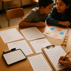 Angled overhead editorial shot of a teacher’s desk strewn with printable template sheets (text intentionally blank/blurred), a small handheld whiteboard and marker, and a three-rung wooden toy ladder beside a concept map pinned with colorful sticky-note nodes. Two students lean in close in a quiet paired-explanation pose while a student hand fills a bubble-style multiple-choice sheet with a pencil; a clipboard holds an empty rubric-style checkbox grid. Warm natural classroom light and shallow depth of field give an intimate, authentic planning-moment feel with all text unreadable.