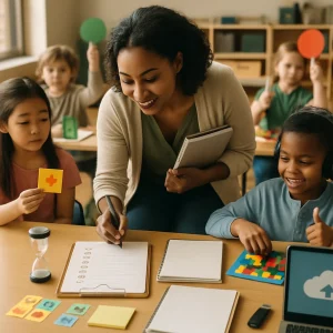 Photorealistic classroom vignette bathed in warm natural light: a diverse teacher leans in over a tidy lesson notebook and tablet to give quick feedback while small groups of children engage with colorful icon cards, manipulatives and a puzzle board; one child wears headphones for accommodation. A close-up on a wooden desk reveals an open organizer with a ticked blank checklist, sticky notes with icon stickers, a small hourglass, a reusable stack of template sheets and a USB beside a laptop showing a cloud/save icon; students display green and red paddles and thumbs-up for formative checks and a reflection corner collects token chips — cinematic 35mm shallow depth, soft tones, high realism and authentic expressions, no visible text or labels.