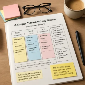 Top-down editorial photograph of a teacher's desk centered on an open planner page titled A simple Tiered Activity Planner (use for any lesson). Three clear vertical columns labeled Tier 1 (supports), Tier 2 (core), Tier 3 (challenge) are filled with pastel sticky-note boxes bearing legible handwritten-style headings — Description, Task, Materials, Assessment evidence — while a narrow right-hand column explains how students choose tiers and a boxed area below records formative checks & feedback. A small footer box reads How I'll ensure dignity & rotation across groups and a bright yellow sticky tip reminds: Tip: Keep this planner short and sticky-noteable. Use the exit slip to inform next lesson's tiering. Surrounding classroom cues — a black pen, colorful sticky pad, reading glasses, ceramic coffee cup and a neat stack of student exit slips — sit beneath soft window light from the left; shallow depth of field, crisp paper texture and subtle shadows give the clean, modern, editorial-ready look ideal for a feature about differentiated instruction and classroom planning.