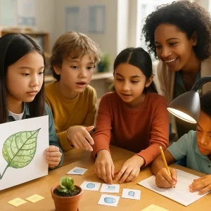 A photorealistic classroom scene: a diverse group of middle-school students and their teacher lean over a potted plant under a grow lamp, one student holds a hand-drawn leaf cross-section while another arranges small icon cards for CO2, water, sugar and oxygen; peers point and write on worksheets amid simple sticky-note checkboxes, warm natural light and focused, collaborative energy.