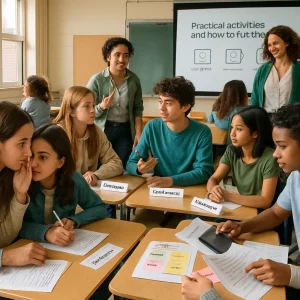 Photorealistic, editorial-style scene of a diverse secondary classroom where students collaborate in small groups—two whispering and jotting notes for Think–Pair–Share; a quartet with role cards Predictor, Questioner, Clarifier, Summarizer practicing Reciprocal Teaching; an expert student leading a Jigsaw team; a pupil using a tablet response clicker for Peer Instruction; peers reviewing a rubric and placing sticky notes labeled I like / I wonder / I suggest for Peer Assessment. Teacher circulates as warm daylight illuminates handouts with sentence stems and a projector slide titled Practical activities and how to run them; crisp high-resolution detail, authentic classroom materials, and an optimistic atmosphere of active, practical cooperative learning.
