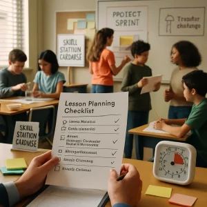 A warm, editorial scene where a teacher at a desk studies a printed "Lesson Planning Checklist" (headings: Skills & Competence, Formative Checks, Rubric: Emerging/Developing/Proficient/Advanced, Metacognitive Minute, Transfer Challenge) surrounded by sticky notes, a timer and checked items. In the midground diverse student groups rotate through a skill-station carousel—running a mini-lab experiment, assembling a week-long project sprint poster, engaging in peer discussion and brief written reflections—while a whiteboard displays scaffolding cues (ladder icon), a rubric scale and a transfer-challenge scenario; natural window light, shallow depth of field and high-resolution editorial composition convey a focused, hopeful classroom atmosphere.