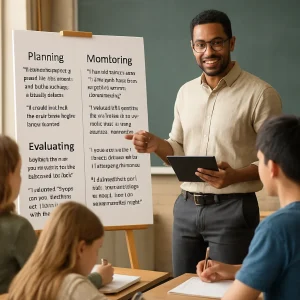 Photorealistic classroom image of a diverse, mid-30s teacher holding a tablet and pointing to a large high-contrast poster on an easel while a small group of attentive students take notes. Natural classroom lighting and shallow depth of field keep faces warm and realistic while the poster and tablet text remain crisply in focus. Poster/tablet display (three columns) reads exactly: Planning: “First I’ll think about what the task asks; then I’ll list what I already know.” “I’ll break this into three parts and give each a time limit.” Monitoring: “This part is confusing — I’ll paraphrase it aloud to check my understanding.” “I planned 10 minutes for this: I’m at 12 — that means I need to simplify or skip a detail and come back later.” Evaluating: “I can see where I got stuck; next time I’ll try approach B earlier.” “I achieved the goal, but I spent too long on step 2. That’s my improvement target.” High-resolution, no logos or branding, suitable for an article illustration.