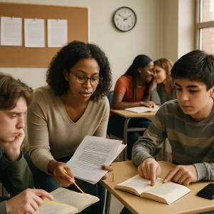A warm, candid moment in a modern high-school classroom: a diverse teacher kneels beside a thoughtful student, pencil pointing to a line in an open paperback to prompt evidence-based reasoning while a nearby peer tentatively indicates a highlighted sentence. Two students whisper in a paired discussion, showing scaffolded social learning. On a side table printed annotated pages, a stack of photocopied lesson plans, a small stopwatch and a phone await time contingencies; three anonymized student papers pinned to a corkboard form a mini gallery for quick evaluation. Natural window light, shallow depth of field and a documentary feel focus on connection and process; no legible text or labels are visible.