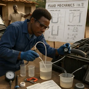 A student in safety goggles and overalls leans over a vehicle radiator hose, timing flow with a stopwatch as clear tubing feeds a U-tube manometer and a graduated bucket collects fluid; a worn workbench nearby holds low-cost instruments, clamps, tape and an open logbook of sketches and short notes while an instructor points to a whiteboard titled "Fluid Mechanics I & II". Warm daylight, rich textures and shallow depth of field capture the practical, resourceful spirit of hands-on fluid mechanics in a modest outdoor African field workshop.