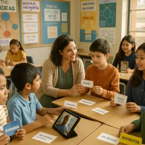 Photorealistic, documentary-style scene of a culturally and linguistically diverse elementary classroom where mixed-ethnicity students (ages 8–12) work in small, mixed-language groups at tables. Some children wear role badges (summarizer, reporter, illustrator) and use sentence-frame cards; one records an oral draft on a tablet while another shows a family artifact. A warm, attentive teacher kneels at eye level to scaffold a student. Classroom walls display bilingual labels and posters in English, Spanish, Arabic and Mandarin, a "language of the day" corner, visual organizers, concept maps and a morning check-in board. The candid, respectful atmosphere is lit by warm natural daylight; the image feels vibrant yet realistic with shallow depth of field and gentle film grain.